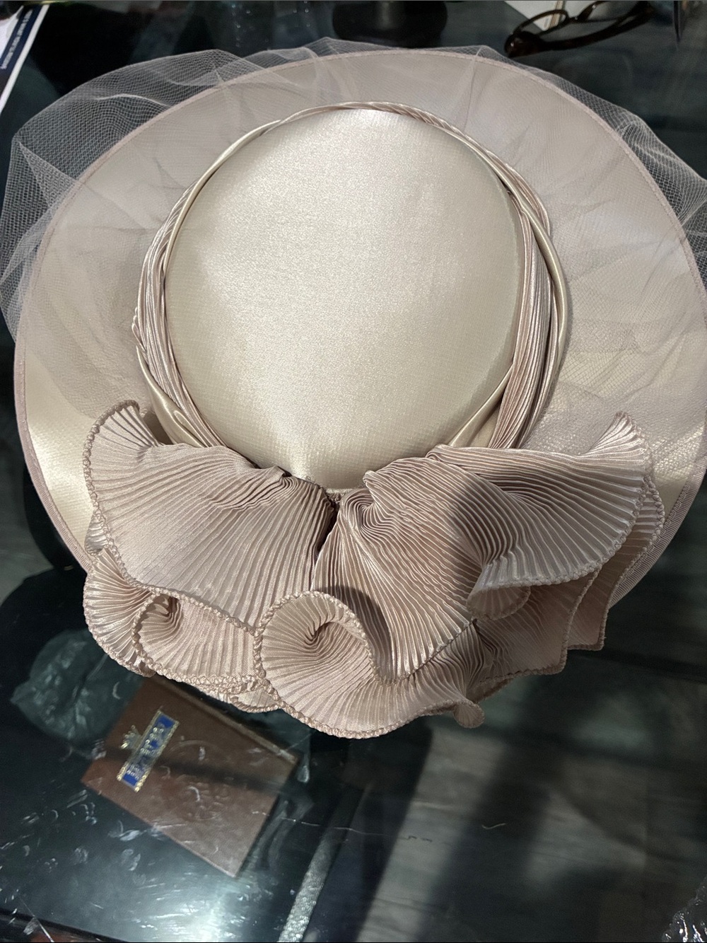 Eric Javits Pale Blush/Taupe Satin and Tulle Cocktail Hat.
Built-in head-band. - Picture 2 of 5